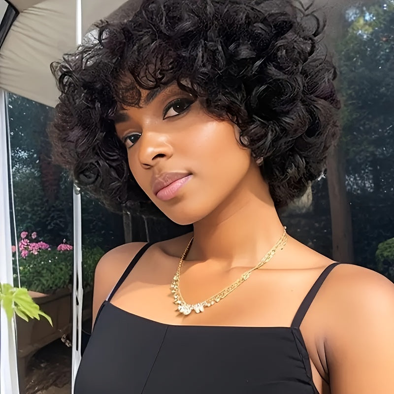 Women'S 100% Human Hair Short Bob Wig, Afro Loose Curls with Bangs, Pixie Cut, Bouncy 180% Density, Rose Cap, Glueless Put-On Wig for All Ethnicities