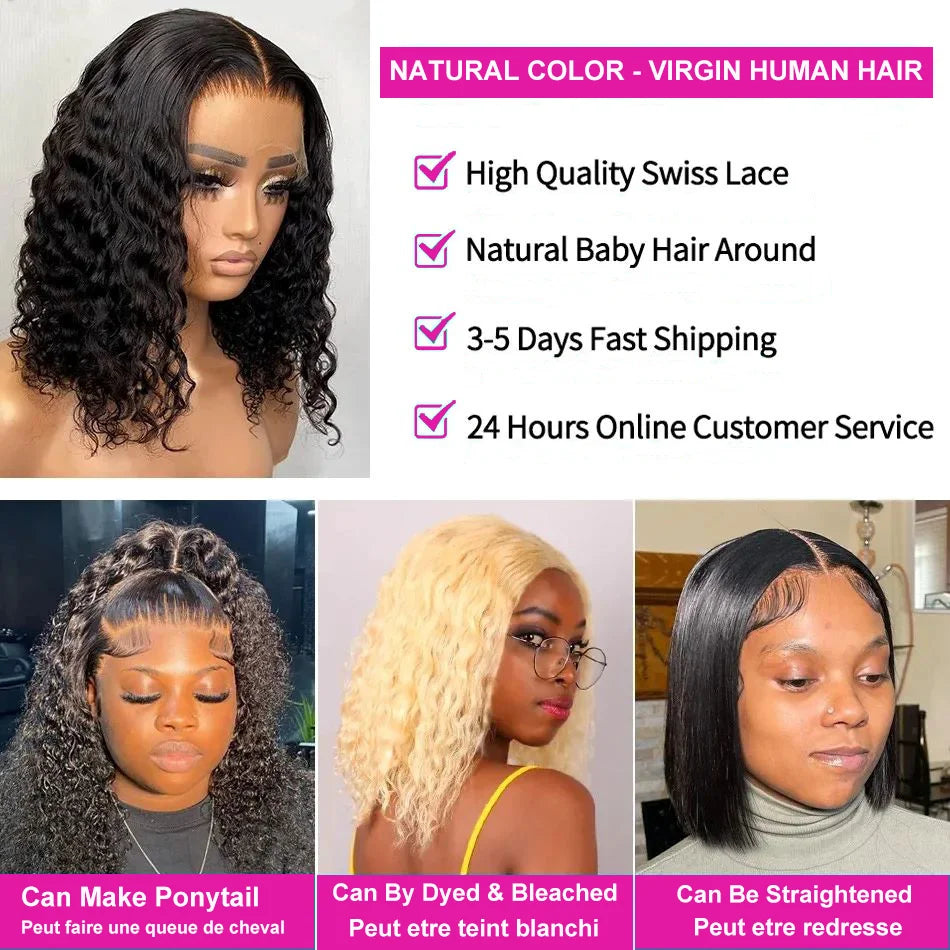 Deep Wave Short Bob Wigs For Black Women Human Hair Wig 100% Human Hair HD Transparent Lace Wigs Pre Cut Remy Straight Natural