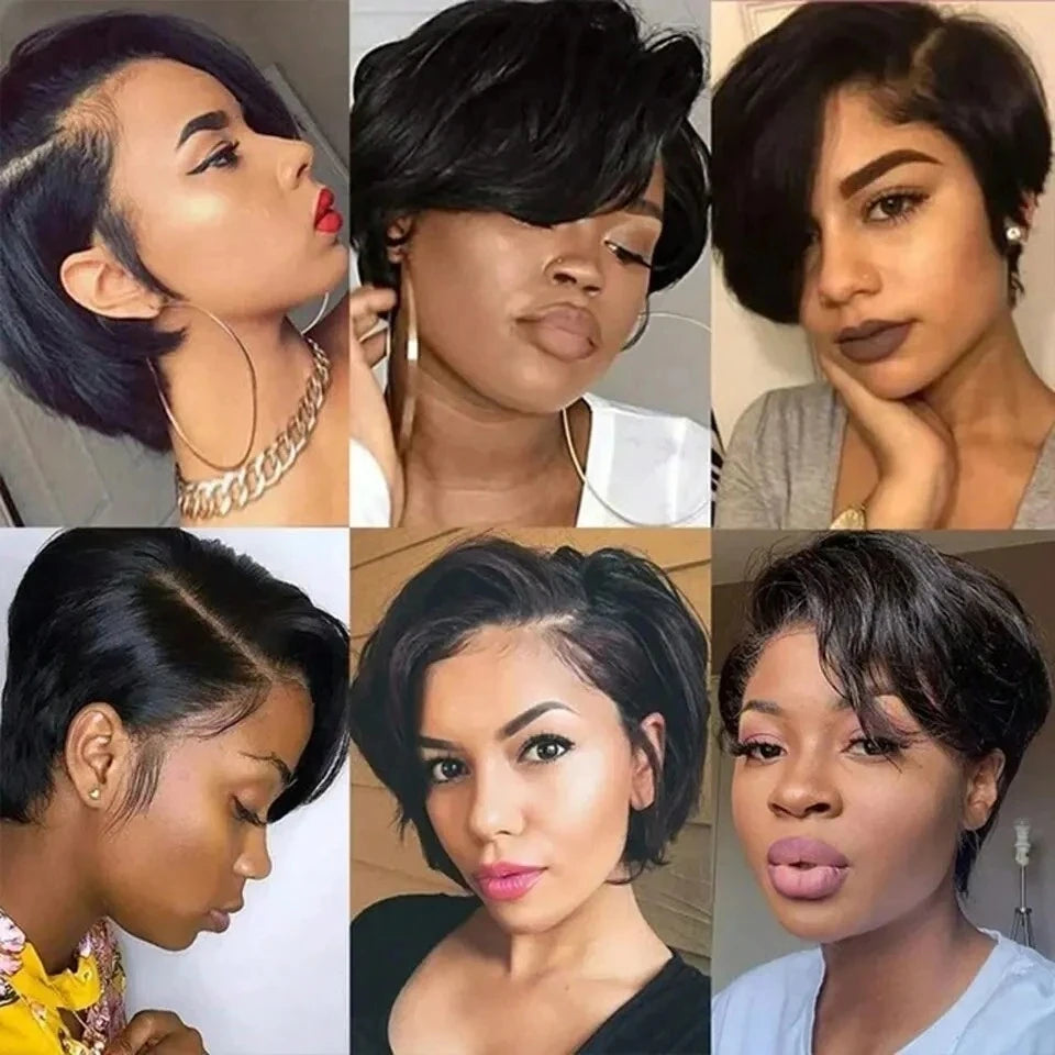 13x4 Transparent Lace Front Wigs Human Hair Straight Hair Short Pixie Cut Human Hair Wigs For Women Pre Plucked Black Color