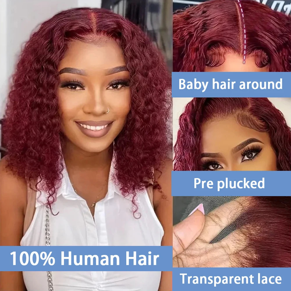 99J Burgundy Short Bob Wigs Human Hair 13x4 Lace Front Wig Deep Wave Pre plucked Transparent Lace Frontal Wig 250 Density