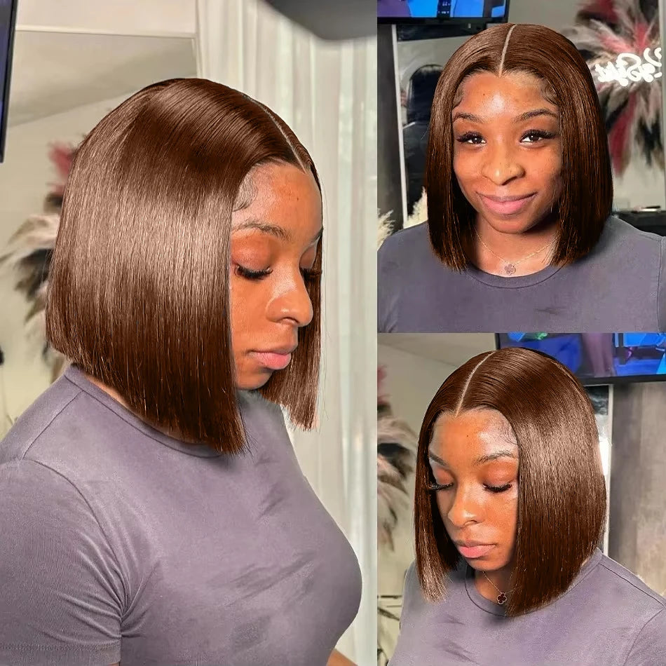 Brazilian Chocolate Brown Bone Straight 13x4 HD Transparent Lace Frontal Human Hair Wigs #2 Colored Short Bob Wig For Women 250%