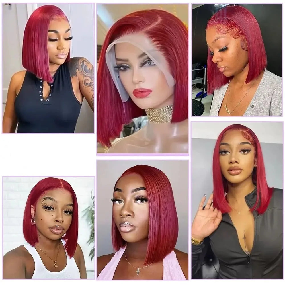 99J Burgundy 13x4 HD Transparent Lace Frontal Bob Wigs Short Straight Bob Wig Pre Plucked 200% Density Brazilian Human Hair Wigs