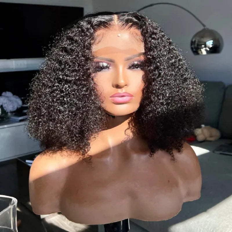 Black PrePlucked Short Bob Soft 16 inch 180 Density Kinky Curly Lace Front Wigs For African Women Babyhair Deep Glueless Daily