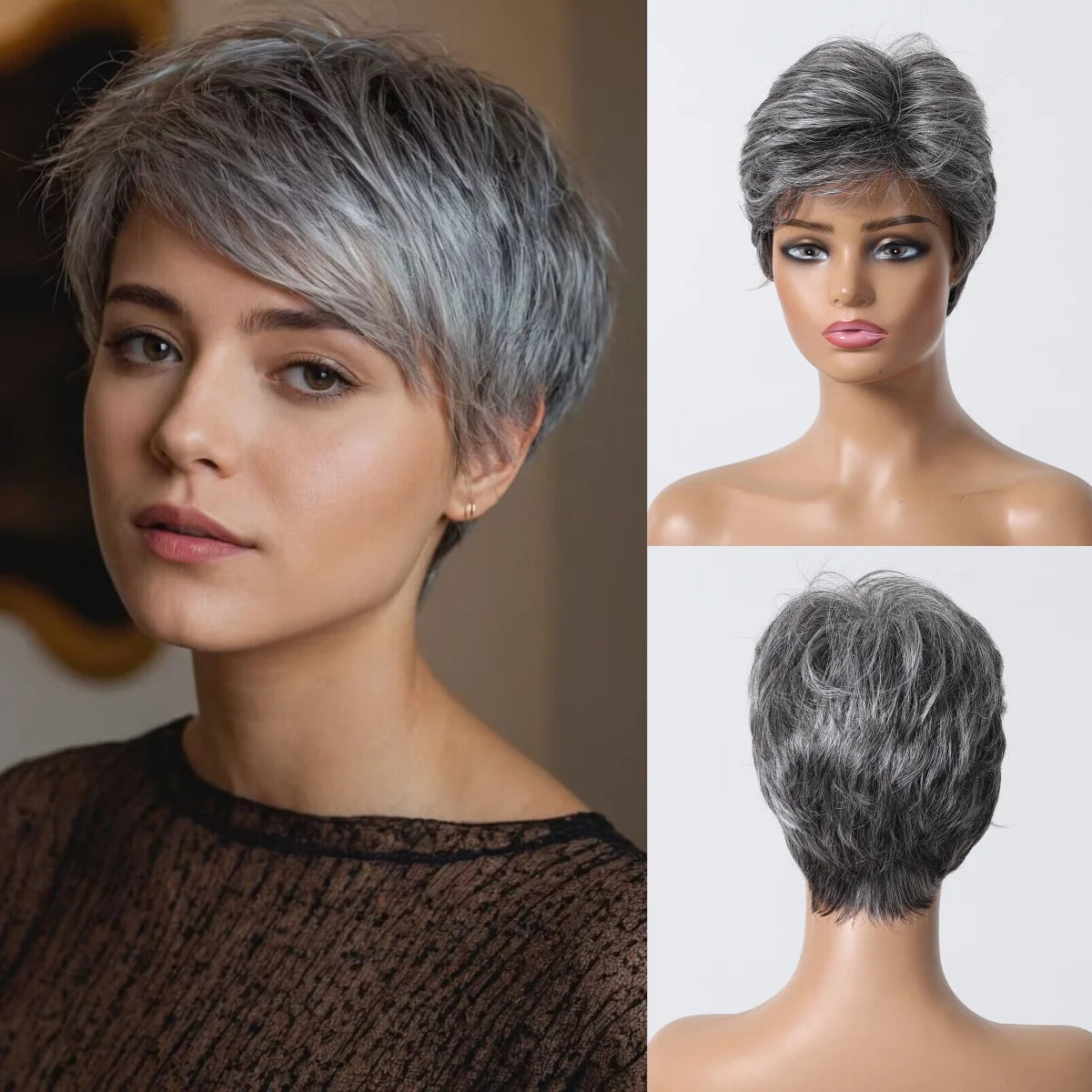 Short Pixie Cut Grey Human Hair Wig 8 Inch Layered Fashion Blend Human Hair Wig for Women Daily Use Hair Machine Made Cheap Wigs