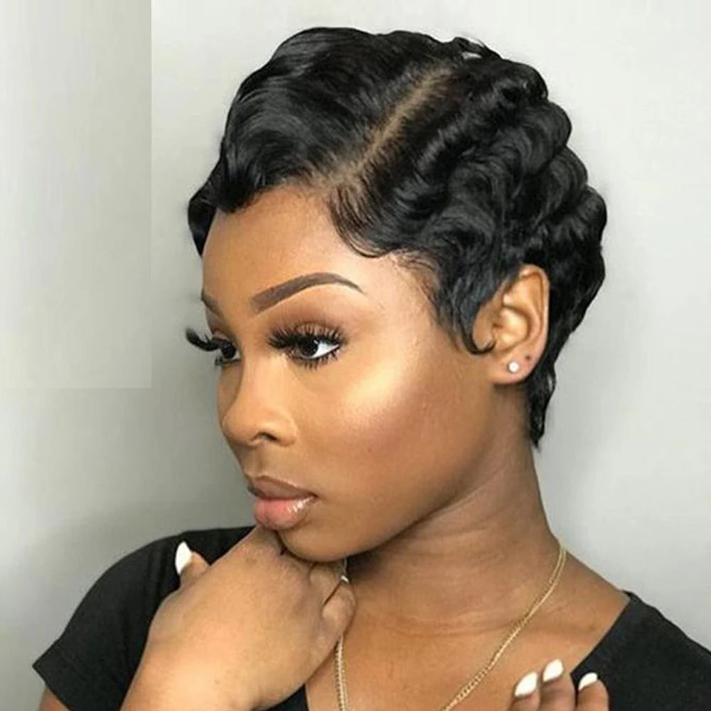 Short Wigs Human Hair Wigs For Women Pixie Cut Human Hair Finger Wave Wig Natural Color Sans Colle Human Hair Wig Machine Made
