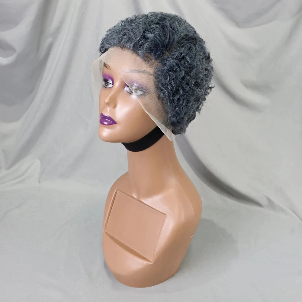 Grey 6inch 180% Density Transparent 13x4 Lace Frontal Bob Wigs Brazilian Remy Human Hair Pixie Cut Short Bob Wig for Black Women