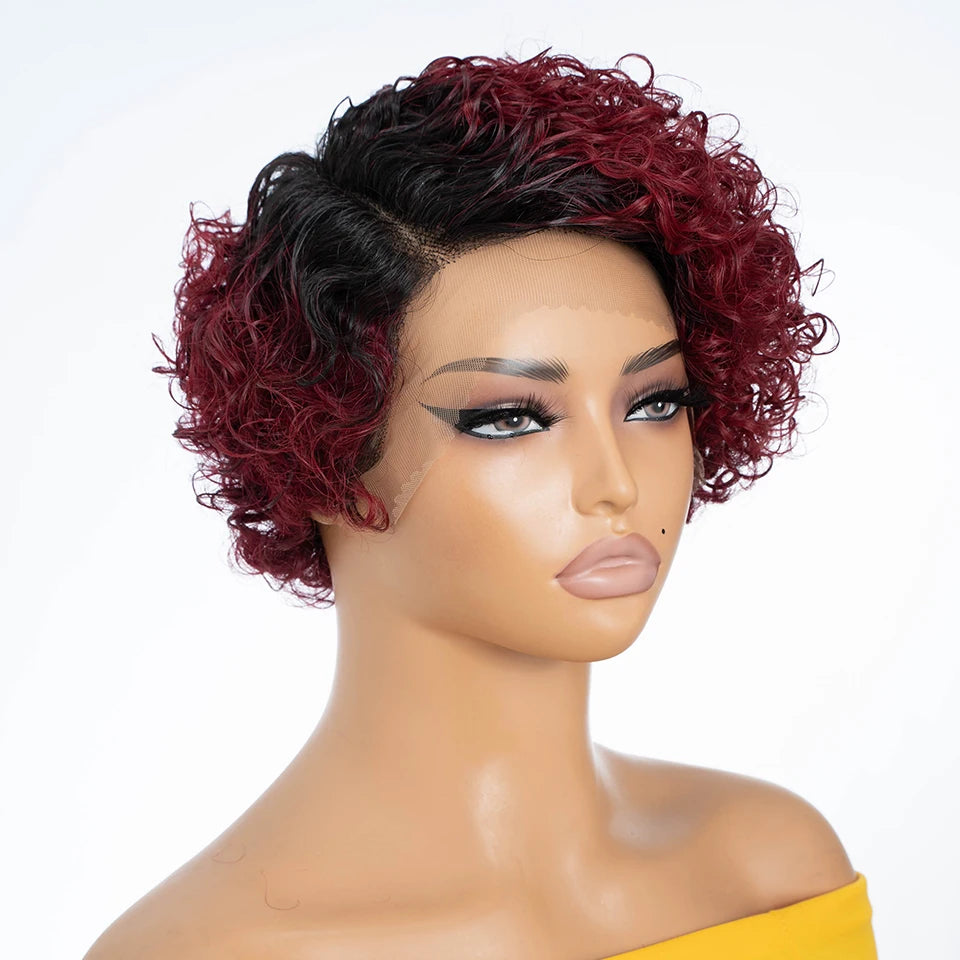 Natural Brown Hair Pixie Cut Wig Short Bob Curly Human Hair Wig 13x1 Lace Front Transparent Deep Curly Hair Lace Wig Preplucked
