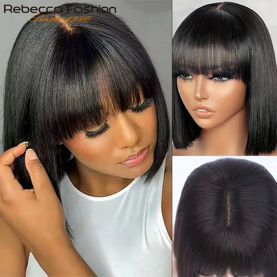 8-14” 180D Ready To Wear Straight Human Hair Bob Wigs With Bangs Fringe Brazilian Realastic Scalp Straight Lace Bob Wigs