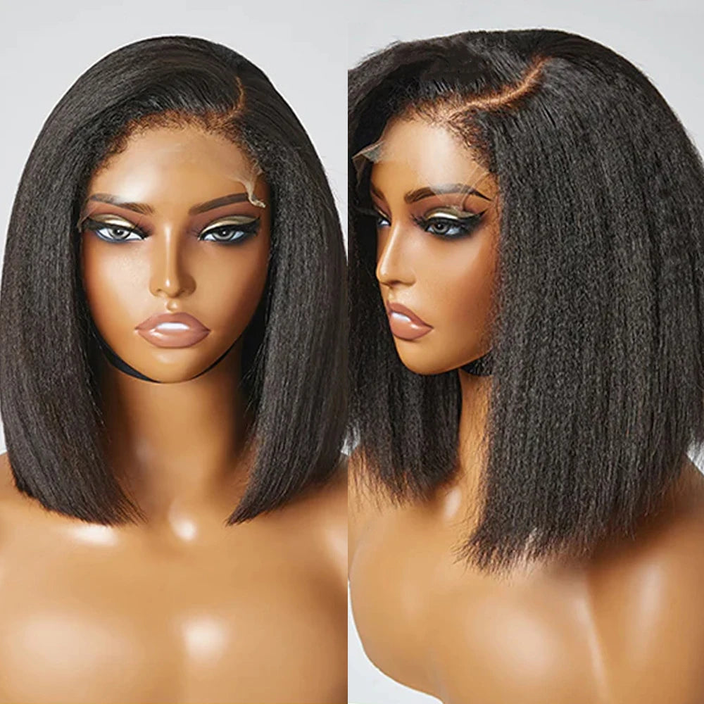 Ready To Wear Glueless 13X4 Kinky Straight Frontal Wigs 100% Human Hair Bob Brazilian Hair Yaki Straight Wigs For Women On Sale