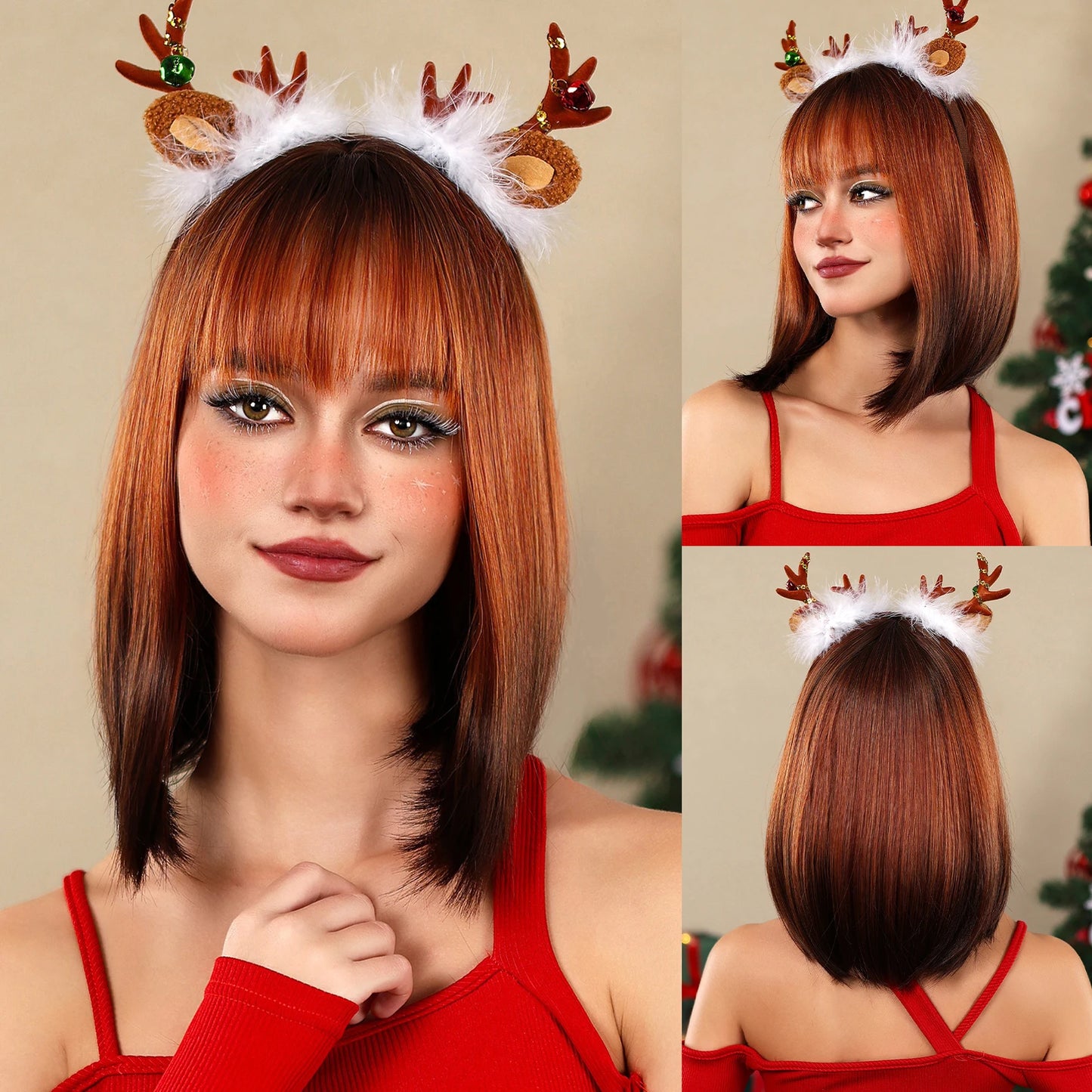 EASIHAIR Fashion Brown Blonde Highlight Synthetic Wigs Straight Hair with Bangs for Women Cosplay Daily Heat Resistant  Bob wig