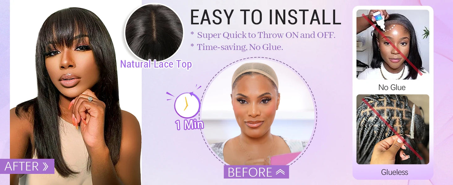 Bone Straight Human Hair Bob Wigs Full Machine With Bangs Glueless 100% Brzailian For Women Choice None Lace Front Cheap On Sale