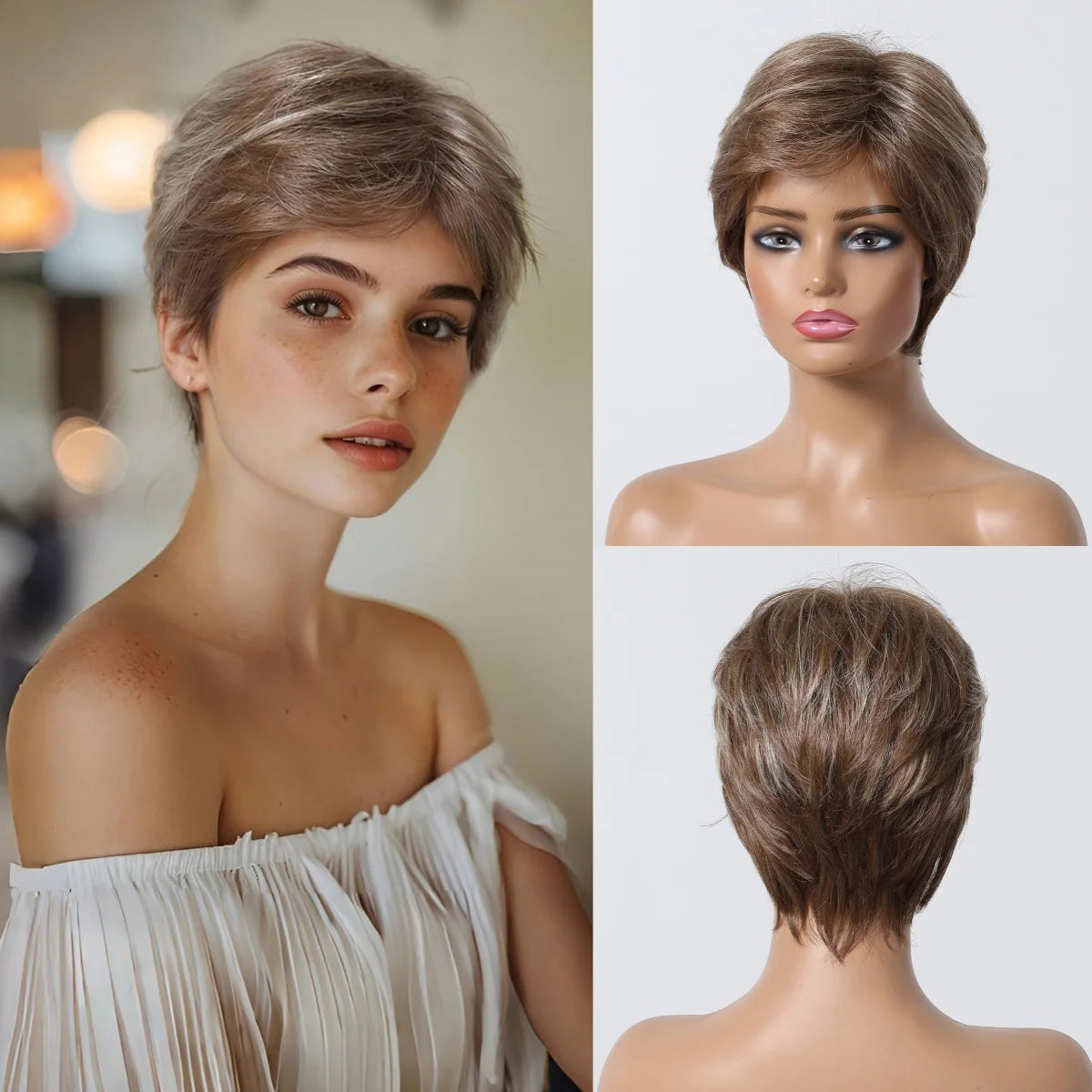 Short Pixie Cut Grey Human Hair Wig 8 Inch Layered Fashion Blend Human Hair Wig for Women Daily Use Hair Machine Made Cheap Wigs