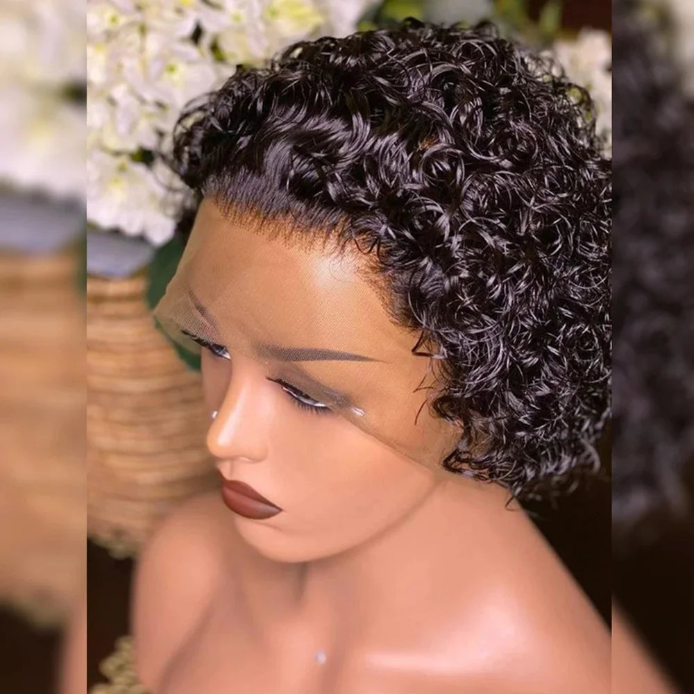 Pixie Cut Wig Colored Lace Wig Spring curl Short Bob Human Hair Wig For Women Natural Black Color Human Hair Cheap Wig 13X1