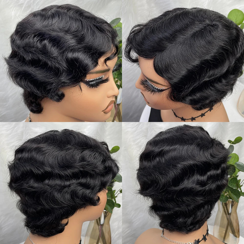 Short Wigs Human Hair Wigs For Women Pixie Cut Human Hair Finger Wave Wig Natural Color Sans Colle Human Hair Wig Machine Made