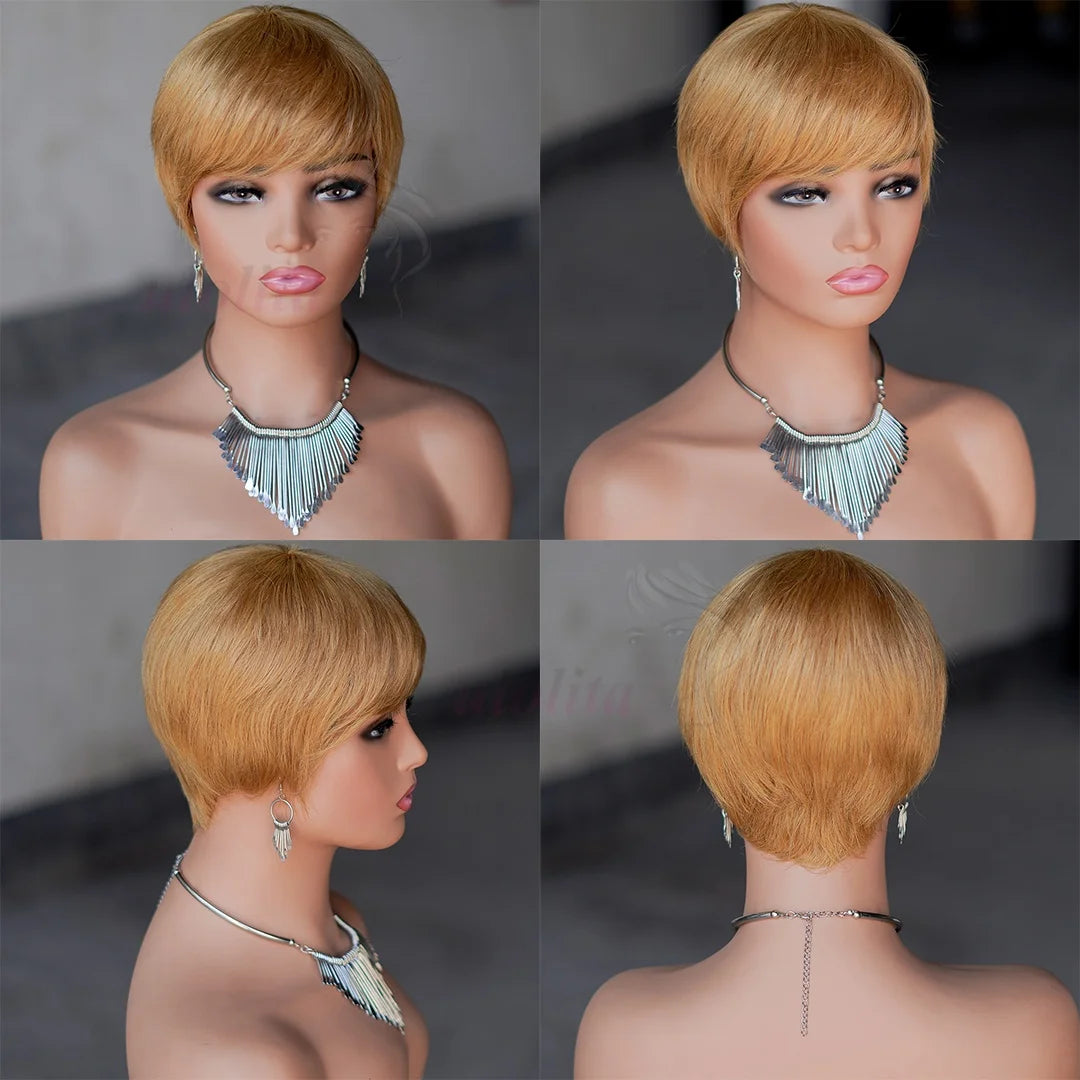 Short Straight Bob Wig Pixie Cut Wig Human Hair For Women With Bangs Brazilian Virgin Hair Non Lace front Cheap Wig Wholesale