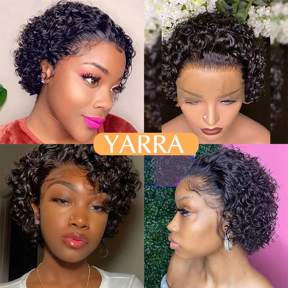 Short Pixie Cut Wig Human Hair 6 Inch 13x1  Brazilian Remy Hair Curly Bob Wig Transparent Lace Wig Preplucked Hairline Yarra