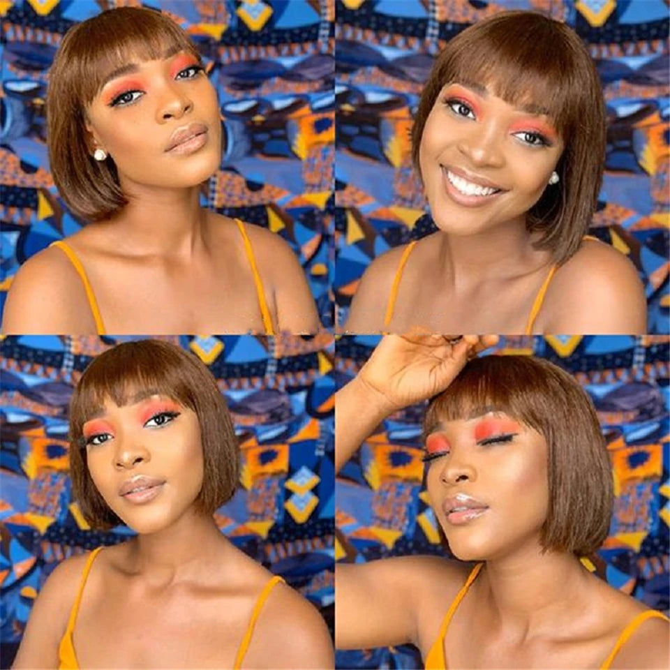 99J Burgundy Red Short Human Hair Wig with Fringe for Women Straight Remy Hair Bob Wigs With Bangs Dark Brown Balayage Color