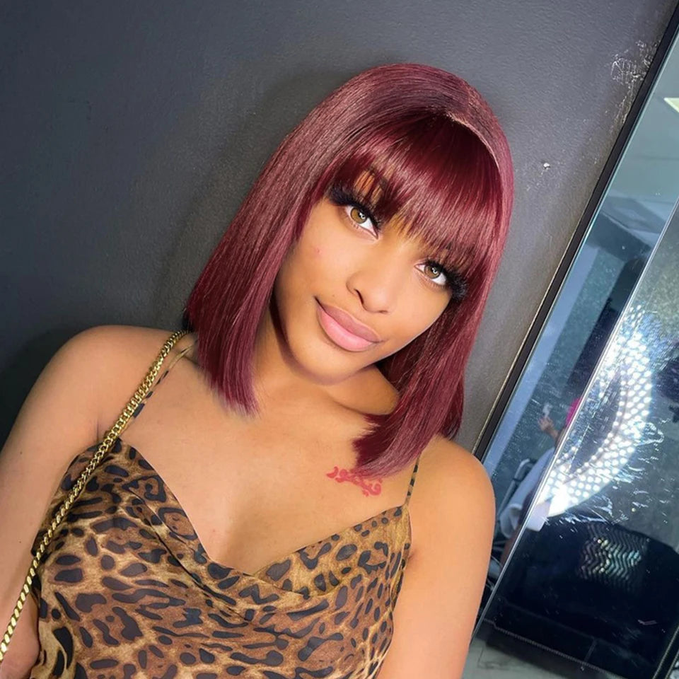 99J Burgundy Red Short Human Hair Wig with Fringe for Women Straight Remy Hair Bob Wigs With Bangs Dark Brown Balayage Color