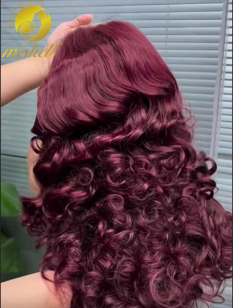 16inch 13x4 Full Lace Frontal Spring Bouncy Curly Human Hair Wigs 250% Density  Burgundy 99J Short Loose Wave Bob Wig PrePlucked