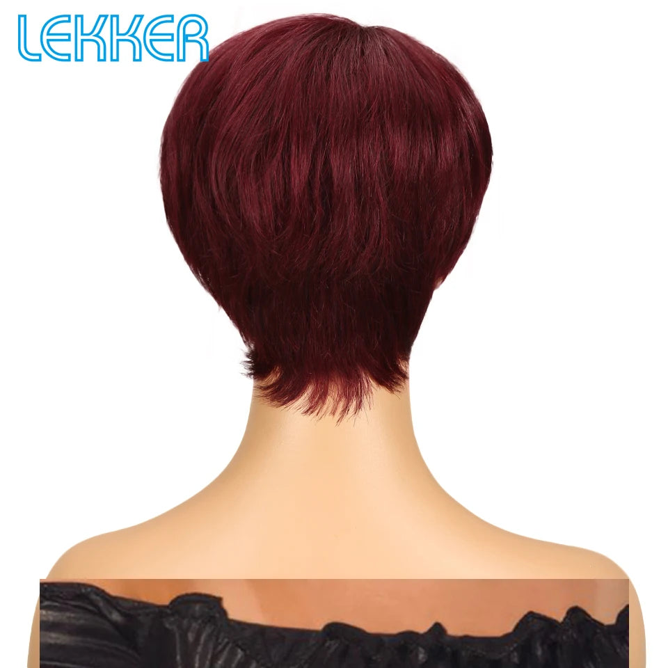 Lekker 99J Burg Red Short Pixie Cut Human Hair Wigs With Bangs For Women Brazilian Remy Hair Colored Straight Bob Full Machine