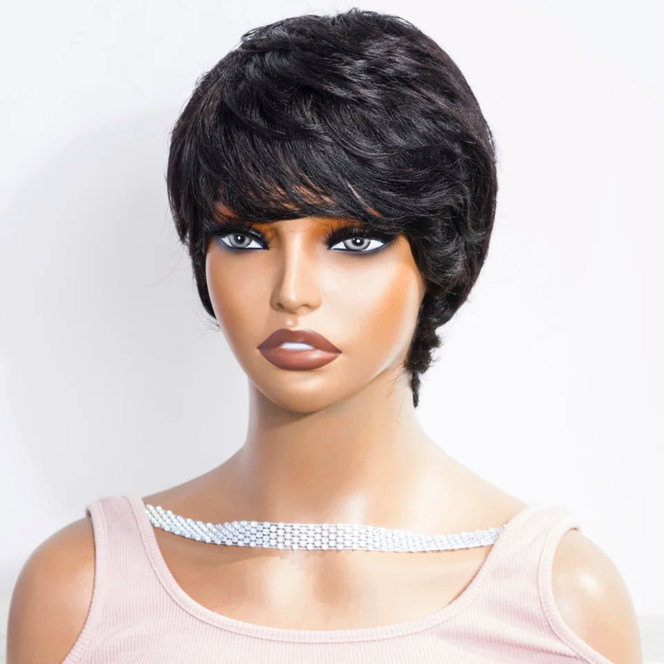Sleek Short Pixie Cut Human Hair Wigs For Women 100% Real Brazilian Hair Wigs Natural Black Short Straight Woman Wigs