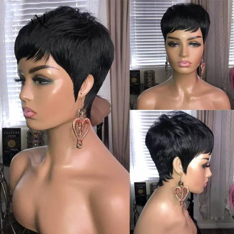 Pixie Cut 100% Full machine Human Hair Wig with Bangs for Women Short Layered Human Hair Brazilian Natural Black Hairs Cheap Wig