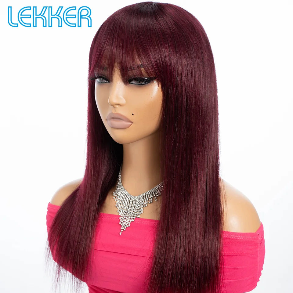 Lekker 99J Burg Red Bone Straight 100% Human Hair Wig With Bangs For Women Brazilian Remy Hair Colored Full Machine Made 22" Wig