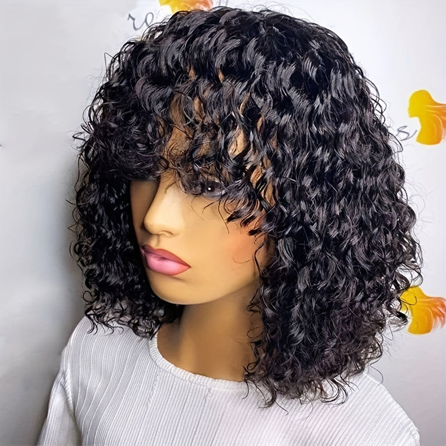 Ready To Go Glueless Water Wave Curls Machine Made Bob Wig and Glueless Short Curly Human Hair Bob Wig Machine Made Wig 100% Human Hair Wig With Bangs For Women 180% Density Full Machine Made Wig Natural Black Color 25.4 cm