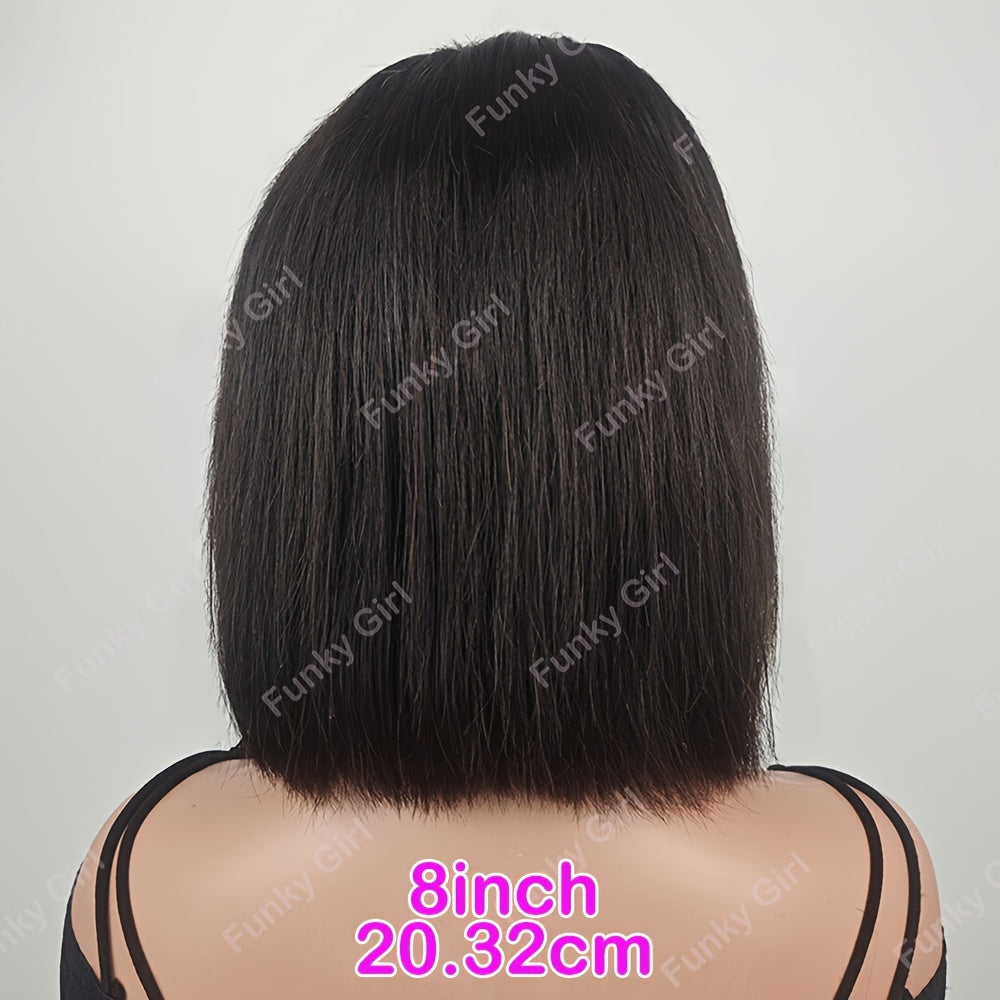 Funkygirl Short Bob Human Hair Wig with Bangs, 150% Density, Straight, Glueless Full Machine Made, Rose Cap, Women'S Real Hair Wig, Basic Style