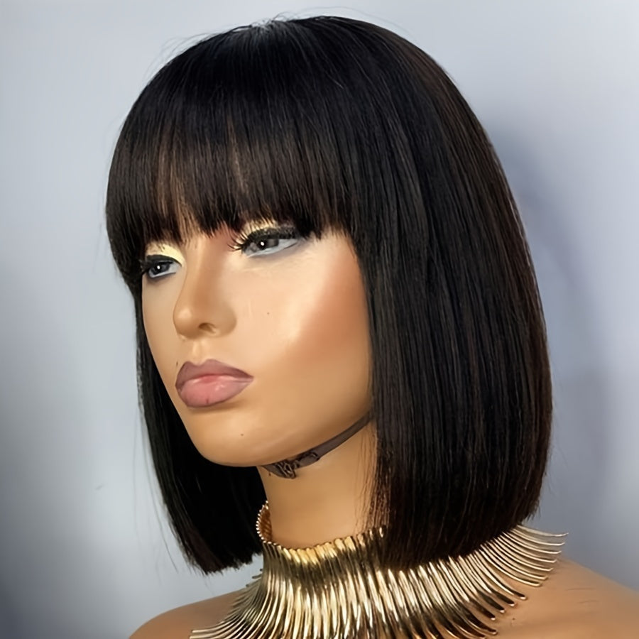 Funkygirl Short Bob Human Hair Wig with Bangs, 150% Density, Straight, Glueless Full Machine Made, Rose Cap, Women'S Real Hair Wig, Basic Style