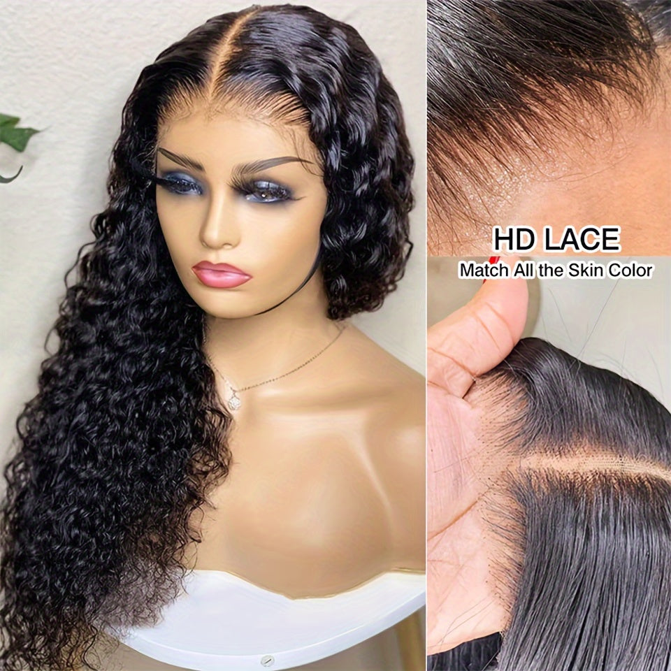 Nicelight Elegant Deep Wave Frontal Wig for Women - 76.2 cm Brazilian Human Hair, 150% Density, 4x4 HD Lace Closure, Natural Black Curly Style, Versatile Hair Wig|Curly Hair Wig|Textured Hair Wig, Wig Accessories