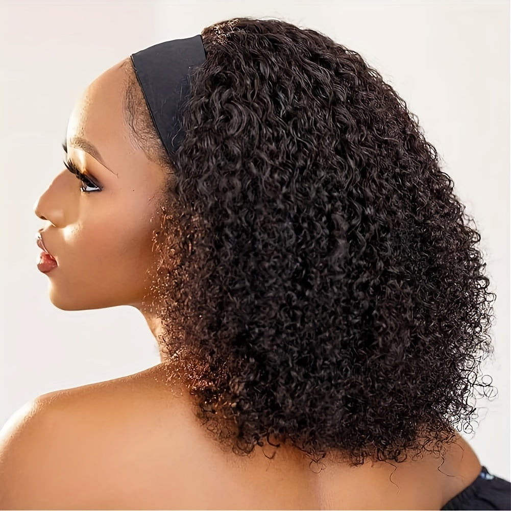 Luxurious Kinky Curly Headband Wig - 150% Density Brazilian Virgin Human Hair, Natural Black,, Glueless with Random Headband