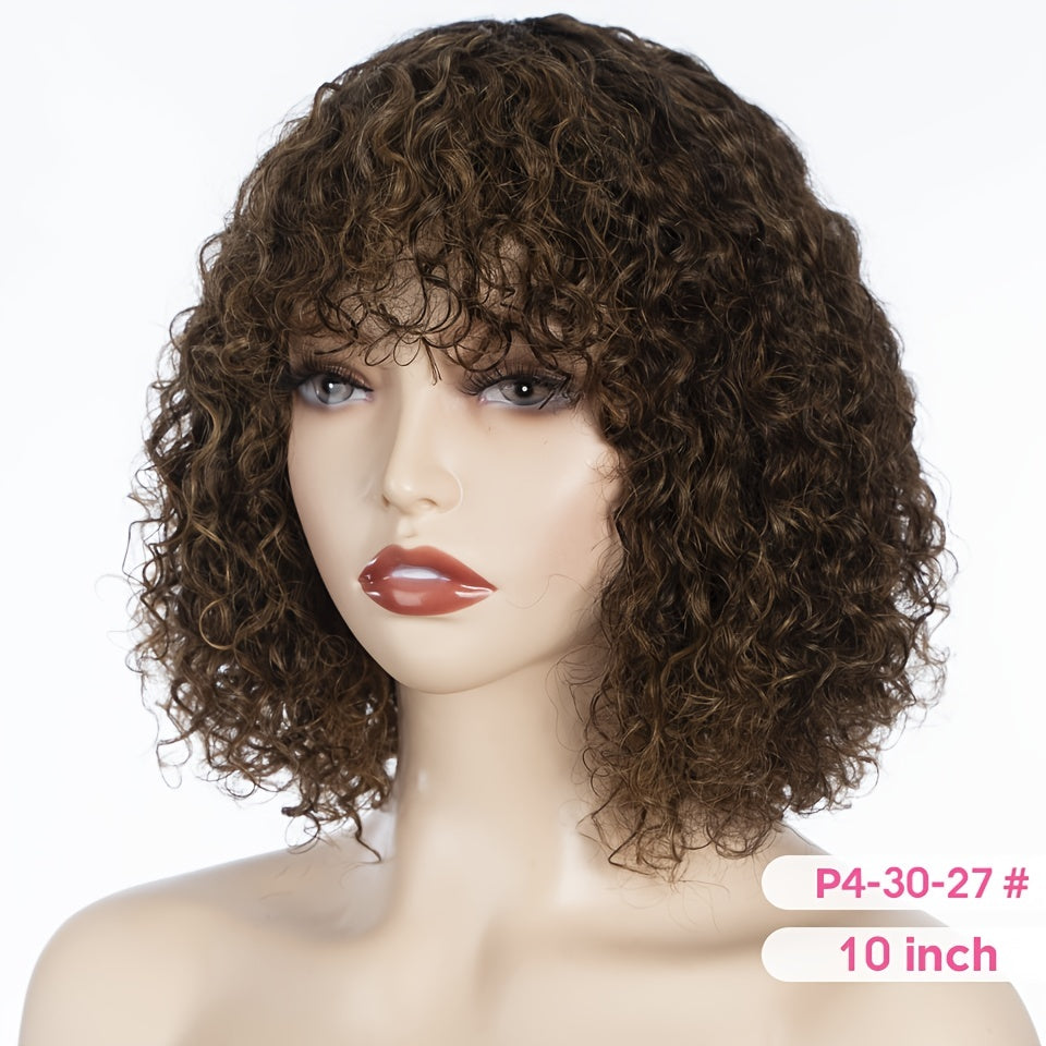 Brown Color Kinky Curly Human Hair Wigs With Bangs Glueless Wig Remy Brazilian Short Curly Human Hair Wig