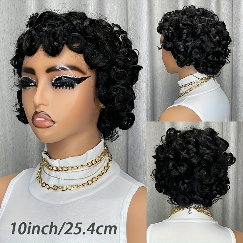 Women'S 100% Human Hair Short Bob Wig, Afro Loose Curls with Bangs, Pixie Cut, Bouncy 180% Density, Rose Cap, Glueless Put-On Wig for All Ethnicities