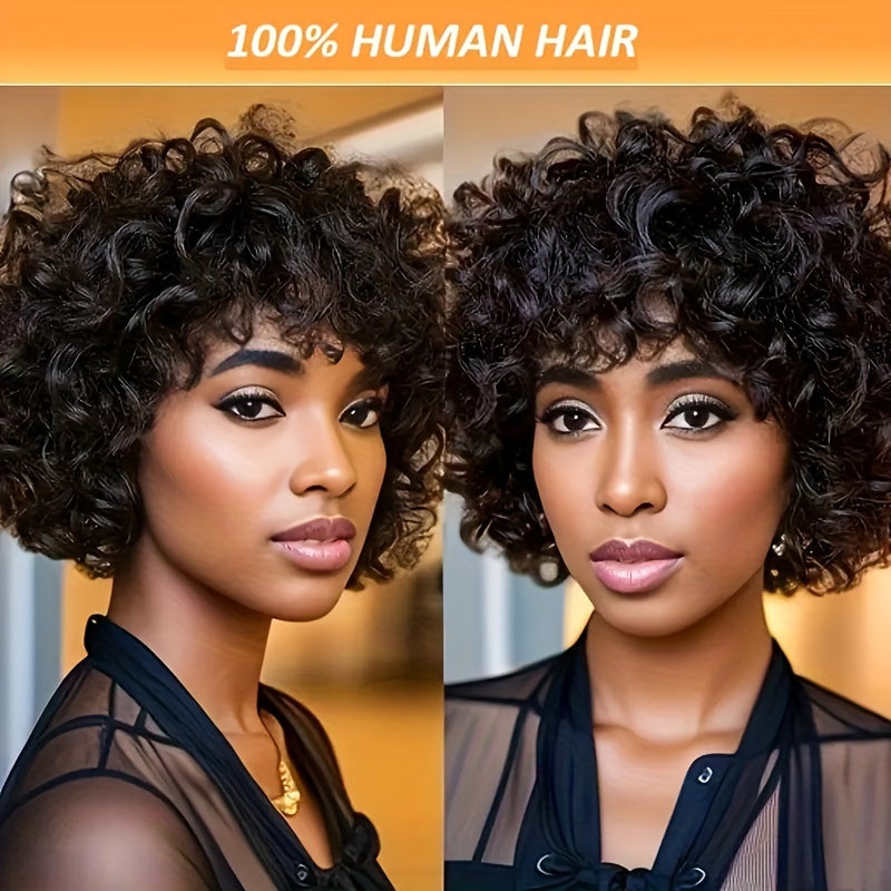 Women'S 100% Human Hair Short Bob Wig, Afro Loose Curls with Bangs, Pixie Cut, Bouncy 180% Density, Rose Cap, Glueless Put-On Wig for All Ethnicities