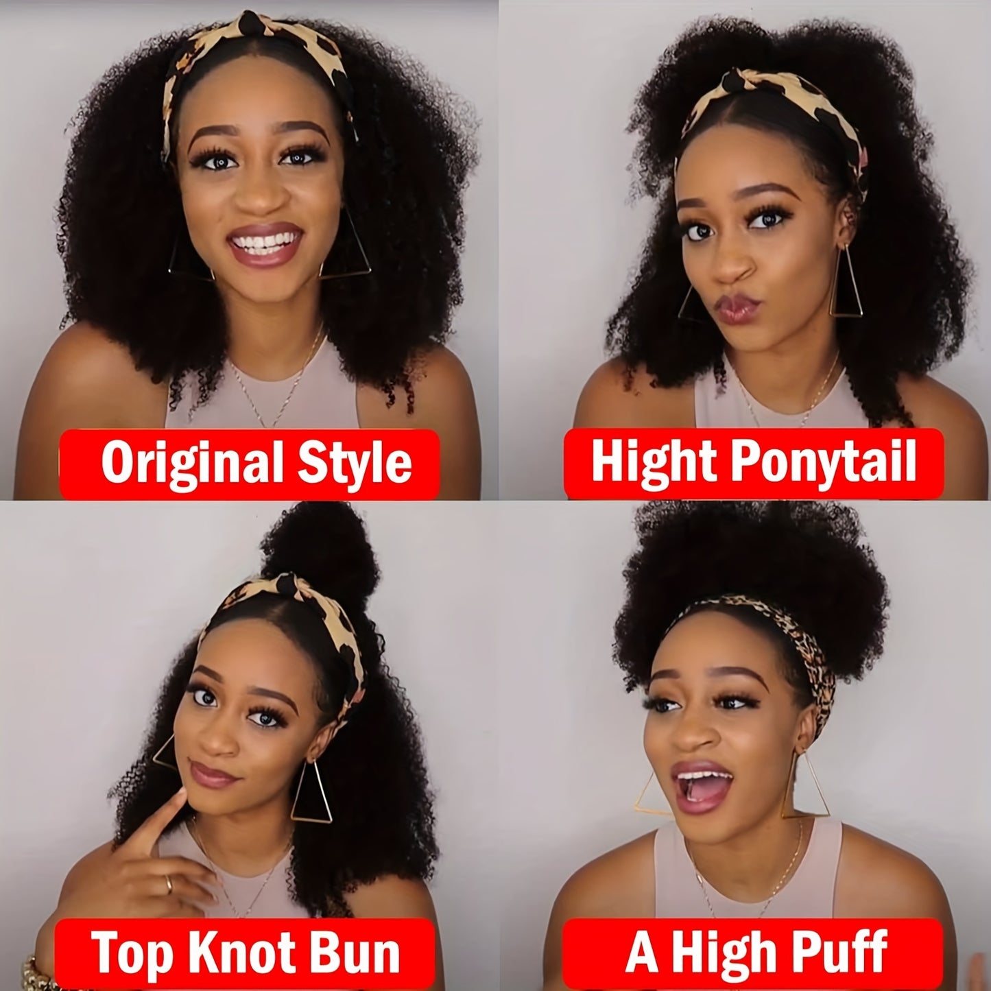 Luxurious Kinky Curly Headband Wig - 150% Density Brazilian Virgin Human Hair, Natural Black,, Glueless with Random Headband