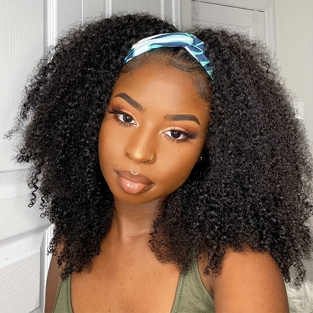 Luxurious Kinky Curly Headband Wig - 150% Density Brazilian Virgin Human Hair, Natural Black,, Glueless with Random Headband