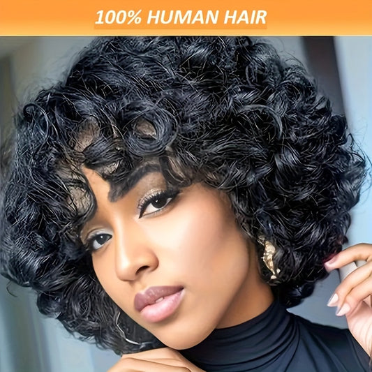 Women'S 100% Human Hair Short Bob Wig, Afro Loose Curls with Bangs, Pixie Cut, Bouncy 180% Density, Rose Cap, Glueless Put-On Wig for All Ethnicities