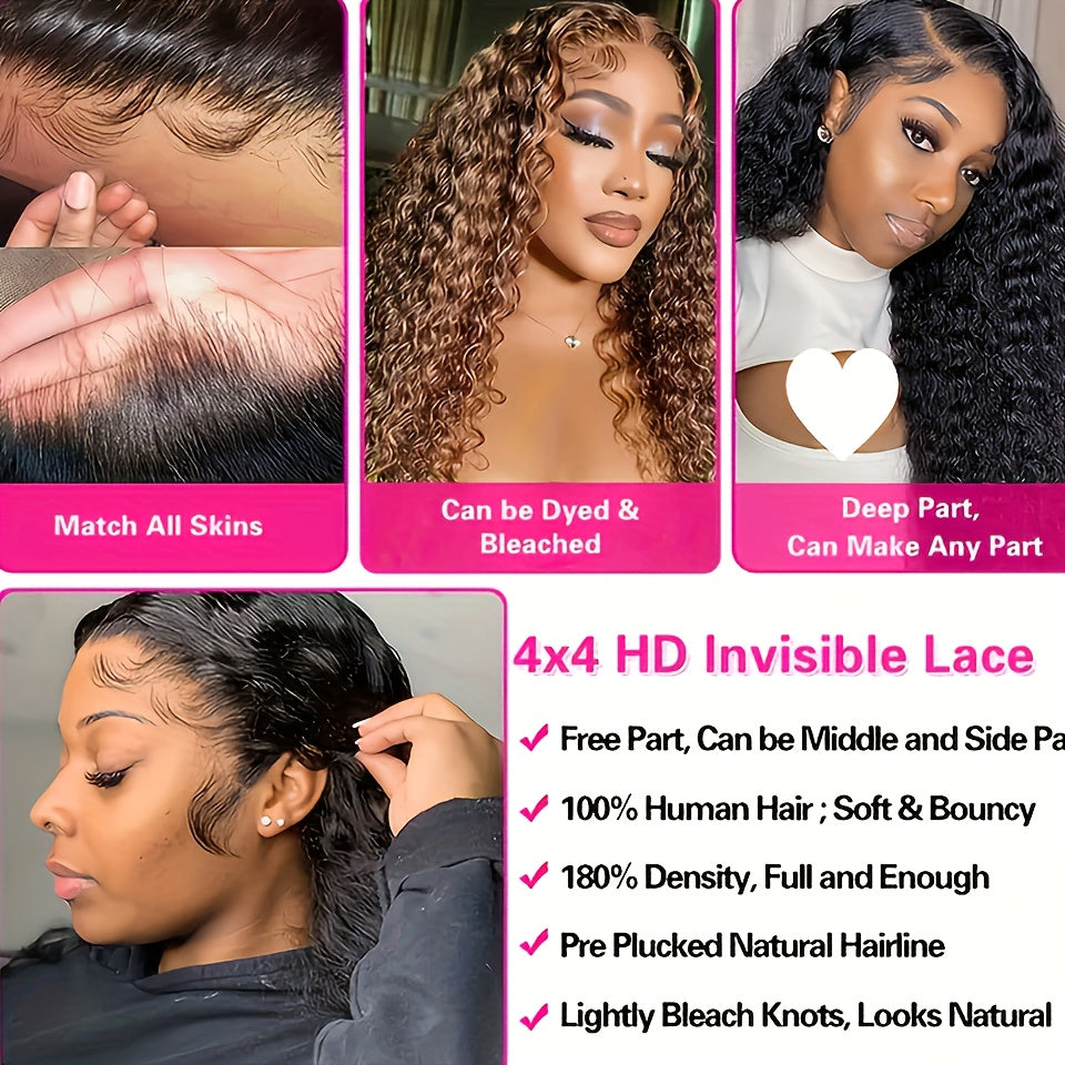 Nicelight Elegant Deep Wave Frontal Wig for Women - 76.2 cm Brazilian Human Hair, 150% Density, 4x4 HD Lace Closure, Natural Black Curly Style, Versatile Hair Wig|Curly Hair Wig|Textured Hair Wig, Wig Accessories