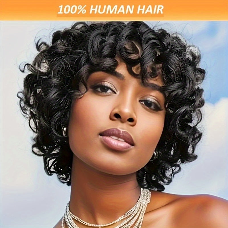 Women'S 100% Human Hair Short Bob Wig, Afro Loose Curls with Bangs, Pixie Cut, Bouncy 180% Density, Rose Cap, Glueless Put-On Wig for All Ethnicities