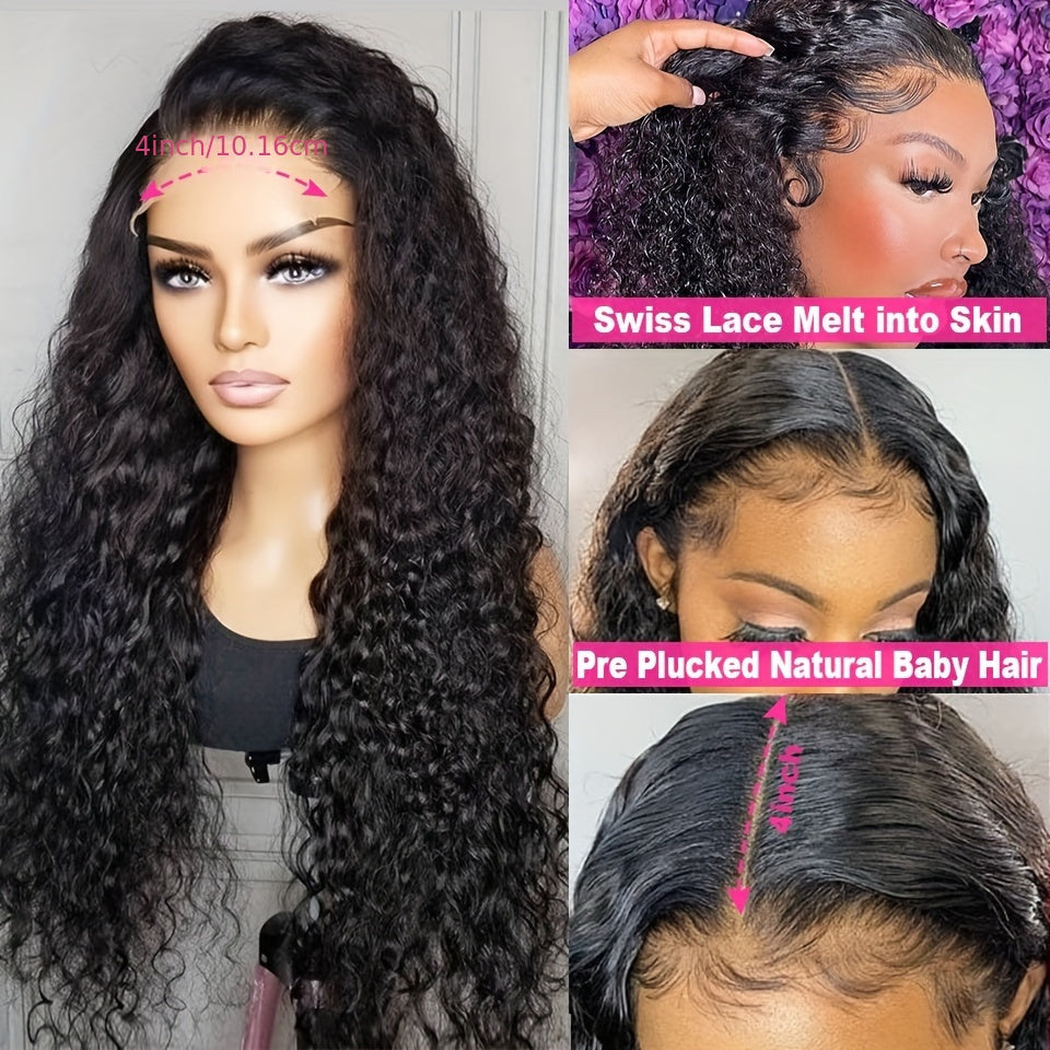 Nicelight Elegant Deep Wave Frontal Wig for Women - 76.2 cm Brazilian Human Hair, 150% Density, 4x4 HD Lace Closure, Natural Black Curly Style, Versatile Hair Wig|Curly Hair Wig|Textured Hair Wig, Wig Accessories