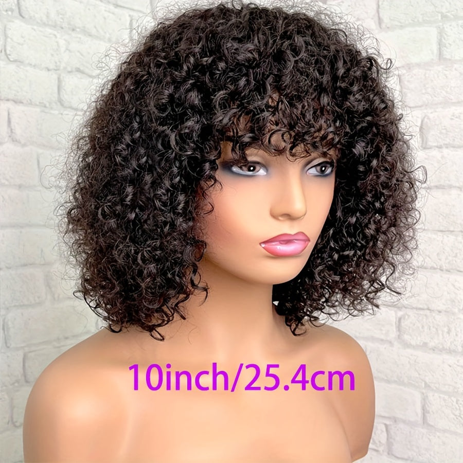 Ready To Go Glueless Water Wave Curls Machine Made Bob Wig and Glueless Short Curly Human Hair Bob Wig Machine Made Wig 100% Human Hair Wig With Bangs For Women 180% Density Full Machine Made Wig Natural Black Color 25.4 cm