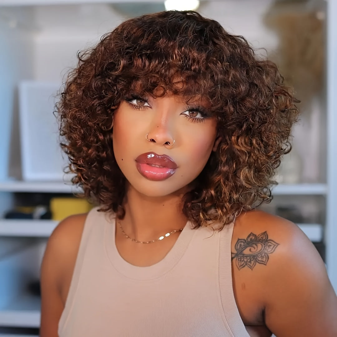 Brown Color Kinky Curly Human Hair Wigs With Bangs Glueless Wig Remy Brazilian Short Curly Human Hair Wig