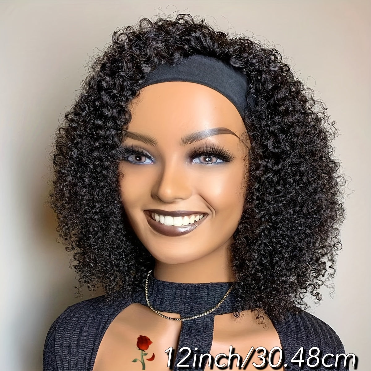 Luxurious Kinky Curly Headband Wig - 150% Density Brazilian Virgin Human Hair, Natural Black,, Glueless with Random Headband