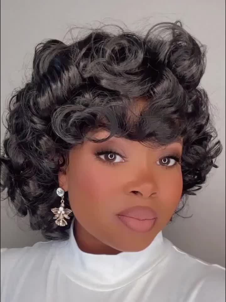 Women'S 100% Human Hair Short Bob Wig, Afro Loose Curls with Bangs, Pixie Cut, Bouncy 180% Density, Rose Cap, Glueless Put-On Wig for All Ethnicities