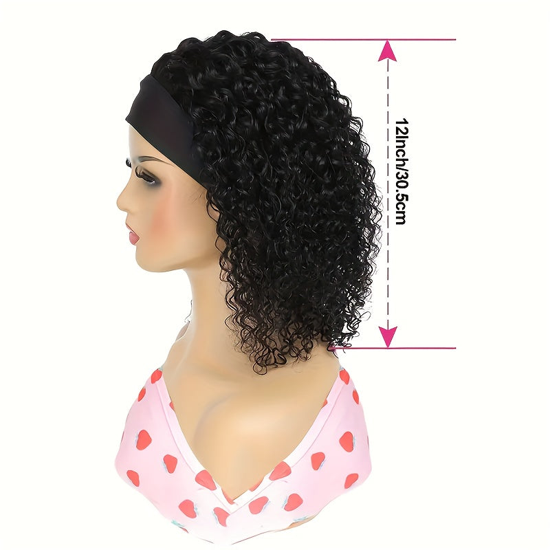 180% Density 100% Human Hair Full Machine Jerry Curl Wig, Short Curly Bob Cut, Natural Black, Glueless Kinky Curly Headband Wig