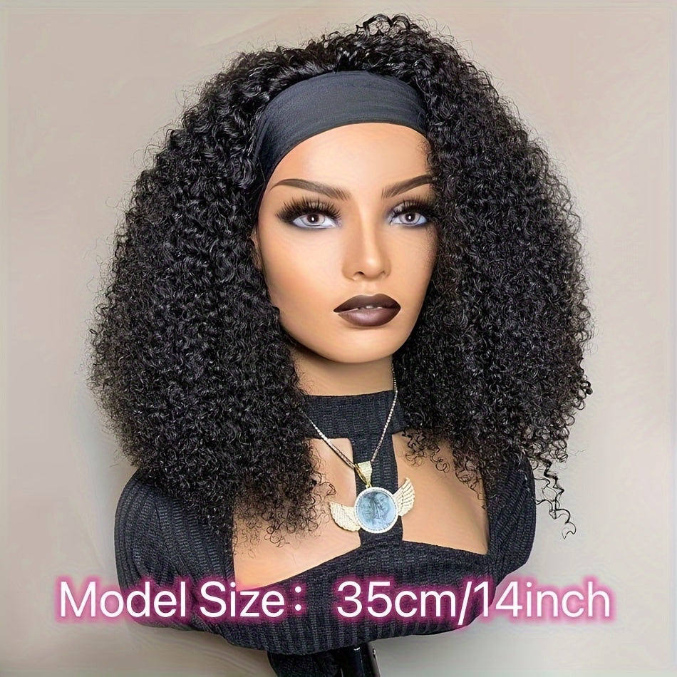 Luxurious Kinky Curly Headband Wig - 150% Density Brazilian Virgin Human Hair, Natural Black,, Glueless with Random Headband