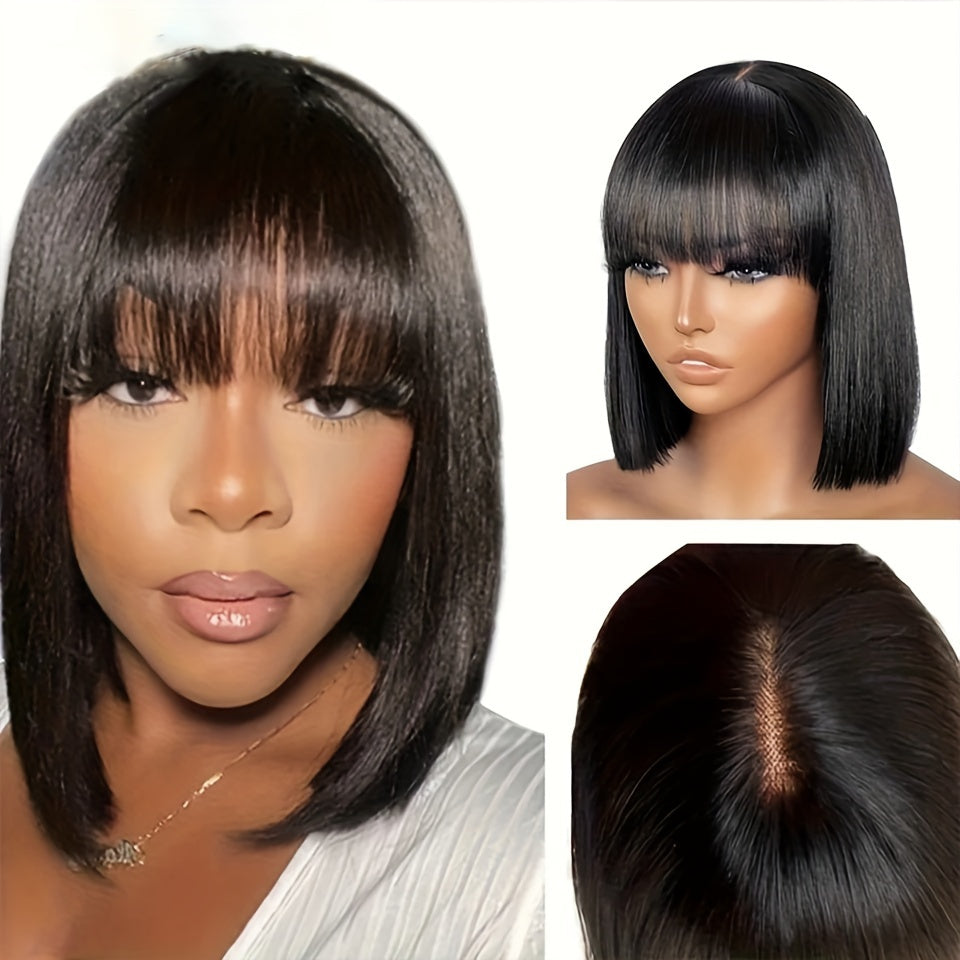 Women's Straight Bob Wig with Bangs - Glueless Human Hair Wig, Pre-plucked with Baby Hair, 150% Density, Versatile 2x4 Lace Area, Basic Style, Universal Fit