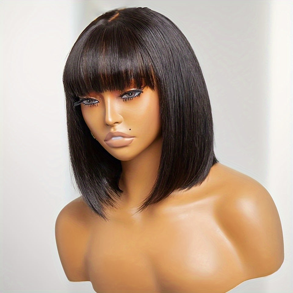 Women's Straight Bob Wig with Bangs - Glueless Human Hair Wig, Pre-plucked with Baby Hair, 150% Density, Versatile 2x4 Lace Area, Basic Style, Universal Fit