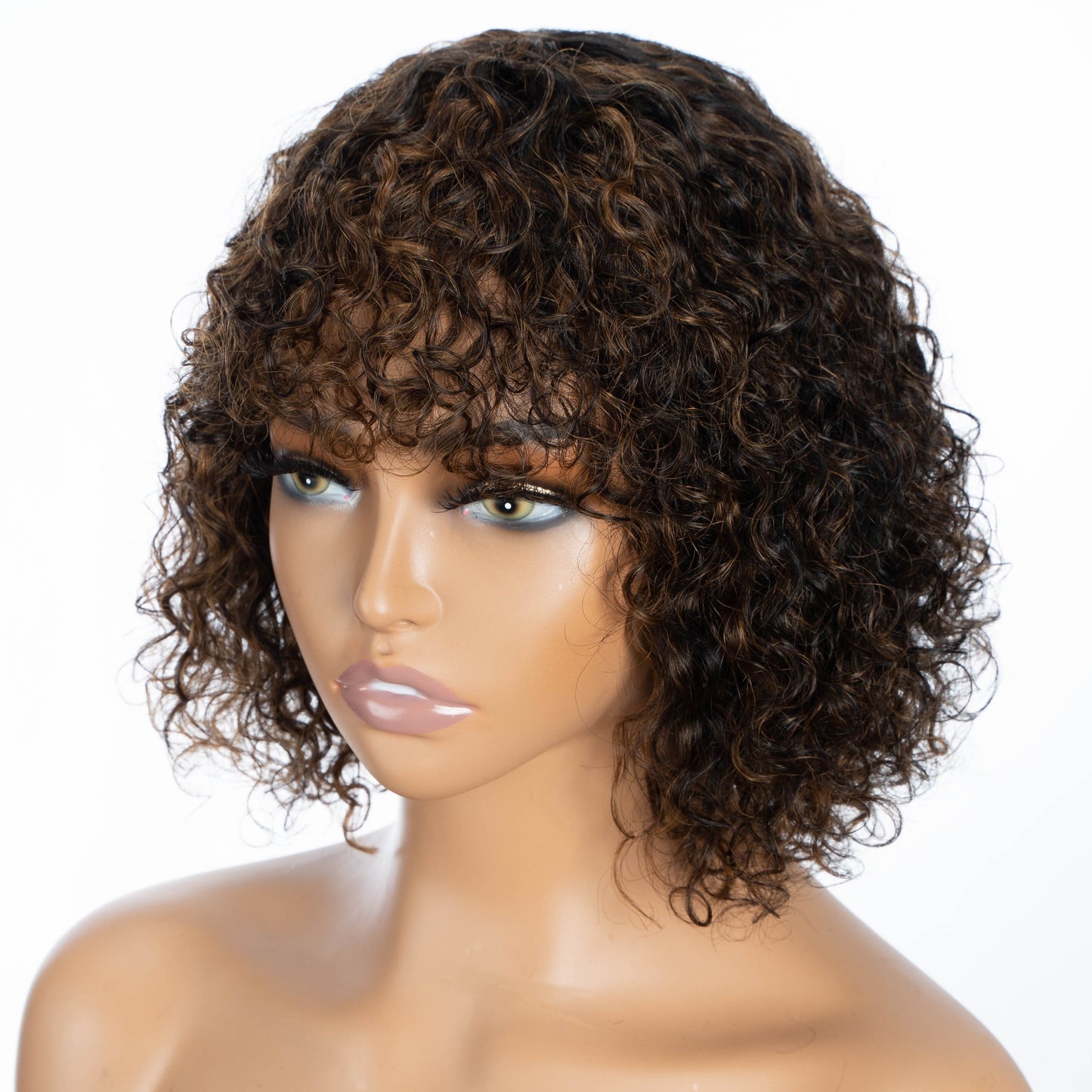 Brown Color Kinky Curly Human Hair Wigs With Bangs Glueless Wig Remy Brazilian Short Curly Human Hair Wig